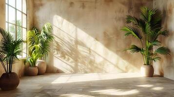Natural aesthetic scene with sunlight streaming through a window casting shadows of palm leaves on a neutral cement floor and textured walls creating a calm summer atmosphere photo