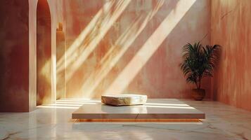 Minimalist luxury room with soft pasteltoned walls shadows of palm leaves cast across the surface sunlight hitting a smooth stone pedestal creating a perfect aesthetic backdrop photo