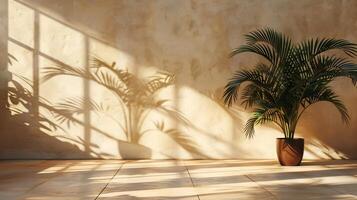 Natural background with shadows of palm trees cast on a textured beige wall soft sunlight hitting a cement floor creating a calm and aesthetic scene for modern product photography photo