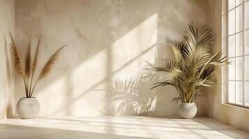 Minimalist studio setup with a beige wall and subtle shadows of palm leaves cast on the surface soft light coming in from a side window perfect for a luxurious aesthetic product display photo