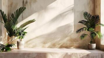 Minimalist pastel backdrop with a light beige wall soft shadows of tropical leaves cast across a smooth concrete dais ideal for product display photo