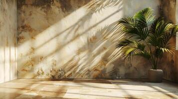 Luxury studio with natural shadows of palm trees falling onto a textured beige wall soft sunlight streaming through a window creating a calm and aesthetic scene for product photography photo