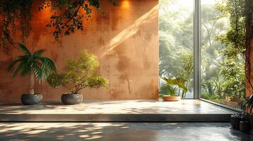 Minimalist aesthetic scene with a light peach wall soft shadows of trees on a concrete platform sunlight streaming in creating a perfect organic product display photo