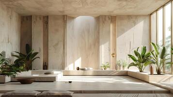 Luxurious minimal space with light streaming through windows onto a textured beige wall shadows of plants casting dynamic shapes creating a peaceful aesthetic photo