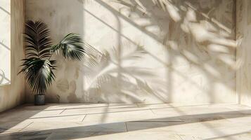 Minimal luxury studio with light pastel walls sunlight filtering through a window casting shadows of palm leaves onto a smooth stone floor creating a trendy aesthetic photo