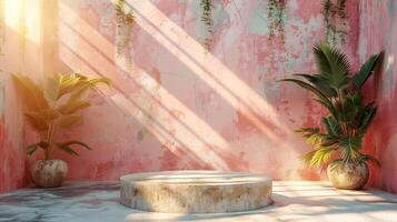 Luxury studio design featuring a pasteltoned wall with subtle textures palm trees casting shadows on the side and a cement pedestal in the foreground ideal for creating trendy product visuals photo