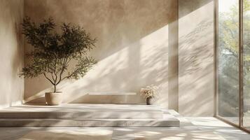 Luxury neutraltoned room with light streaming in from large windows shadows of trees on a pastel wall a clean and textured platform creating an aesthetic display space photo