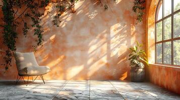 Light peach interior with natural light streaming through a window casting shadows of tree branches on a textured concrete floor a neutral platform for aesthetic product placements photo