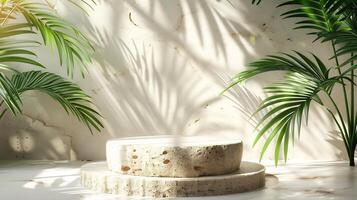 Light pastel background with natural shadows from palm leaves falling across the surface a clean stone platform creating a peaceful scene for modern product photography photo