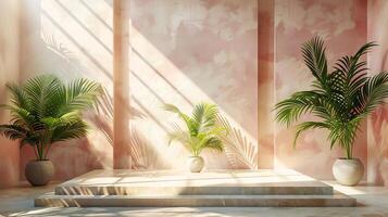 Light pasteltoned wall with natural shadows of palm trees cast onto the surface sunlight hitting a neutral platform creating a clean and aesthetic space for product placement photo