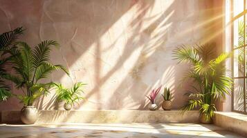 Light pastel wall with subtle textures sunlight streaming in from a window casting natural shadows of tropical leaves onto a neutraltoned platform creating a serene aesthetic photo