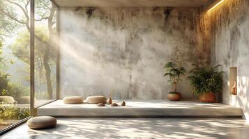 Light neutral room with a textured pastel wall shadows from trees falling across a concrete platform creating a serene aesthetic scene for product photography photo