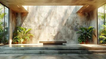 Light neutral room with textured concrete walls shadows of tropical plants dancing across the surface a minimal dais in the center of the space for aesthetic product displays photo