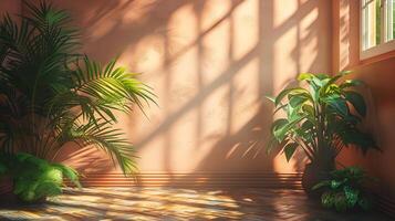 Light pasteltoned wall with shadows of tropical plants cast across the surface sunlight streaming in from a window creating a peaceful and organic aesthetic photo