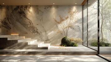 Light neutral room with a textured concrete wall subtle shadows of trees and a beige platform perfect for an organic product display photo