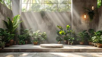 Light neutraltoned room with sunlight filtering through windows shadows of tropical plants on a textured concrete floor a smooth platform in the middle creating a trendy aesthetic photo