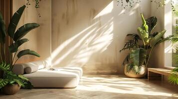 Calm neutraltoned interior with soft pastel walls shadows of tropical plants falling across the surface sunlight streaming through windows creating a peaceful aesthetic display photo