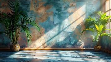 Calm and organic scene with natural light streaming in onto a pasteltoned wall shadows of tropical leaves casting a unique pattern onto a smooth stone stage creating a modern aesthetic photo