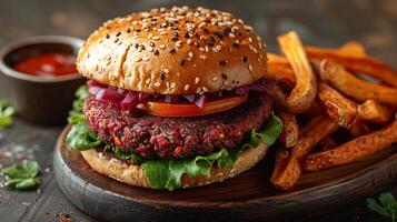 Vibrant vegan burger recipe with a beetroot patty fresh lettuce tomato slices avocado and a whole grain bun served alongside a side of sweet potato fries and dipping sauce photo
