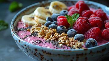 Vibrant smoothie bowl recipe featuring a blend of mixed berries banana and spinach topped with granola chia seeds and a drizzle of honey all arranged in a visually appealing way photo