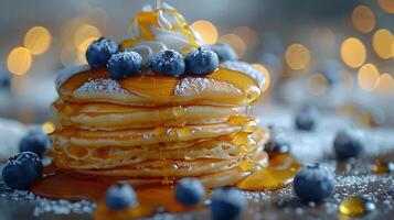 Creative breakfast scene with a stack of fluffy pancakes recipe topped with fresh blueberries a dollop of whipped cream and a generous drizzle of maple syrup cascading down the sides photo