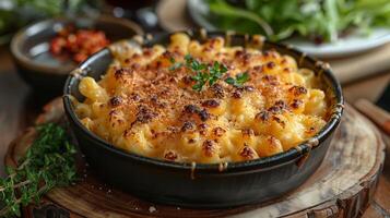 Cozy dinner scene with a bowl of rich and creamy mac and cheese recipe topped with a golden breadcrumb crust and served alongside a green salad with a light vinaigrette photo