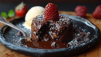 Closeup of a decadent chocolate lava cake recipe with the molten chocolate center oozing out as a spoon breaks into it served with a scoop of vanilla ice cream on the side photo