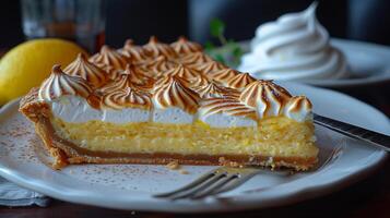 Beautifully plated dessert of lemon meringue pie recipe with a golden crust tart lemon filling and peaks of toasted meringue served on a white plate with a fork on the side photo