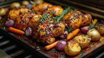 Classic roast chicken recipe presented on a rustic wooden board surrounded by roasted vegetables like carrots potatoes and onions with sprigs of rosemary for garnish photo