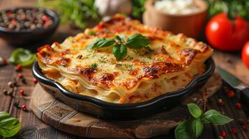 Rustic table setting with a hearty lasagna recipe fresh from the oven layers of pasta rich tomato sauce melted cheese and a garnish of fresh basil leaves on top photo