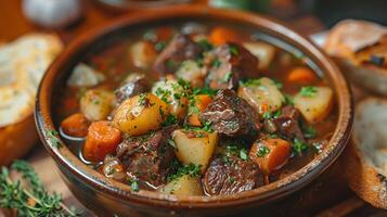 Cozy winter scene with a steaming bowl of hearty beef stew recipe packed with tender chunks of meat potatoes carrots and herbs served alongside freshly baked bread photo