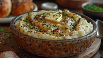 Cozy dinner table with a bowl of creamy mashed potatoes recipe topped with a pat of melting butter a sprinkle of chives and served alongside a plate of roasted chicken photo