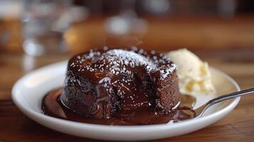 Closeup of a decadent chocolate lava cake recipe with the molten chocolate center oozing out as a spoon breaks into it served with a scoop of vanilla ice cream on the side photo
