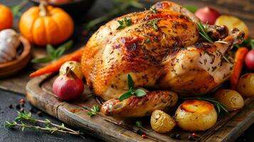 Classic roast chicken recipe presented on a rustic wooden board surrounded by roasted vegetables like carrots potatoes and onions with sprigs of rosemary for garnish photo