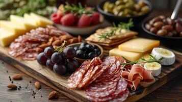 Beautifully arranged charcuterie board recipe with an assortment of cheeses cured meats fresh fruits nuts and artisan crackers all artfully displayed on a wooden board photo