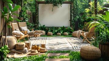 Top down view of outdoor cinema setup with lawn chairs a projector screen and blankets laid out white isolated background photo