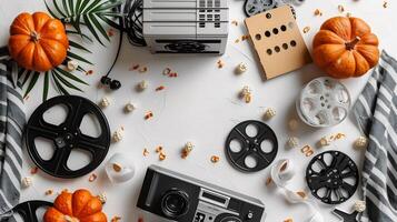 Top down view of outdoor movie screening with chairs a projector and a picnic blanket white isolated background photo