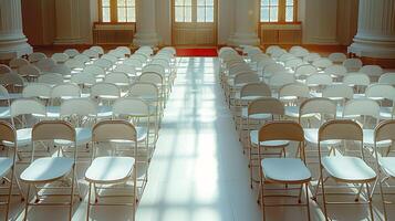 Top down view of empty reception hall with lined up folding chairs and a central aisle for an upcoming event white isolated background photo