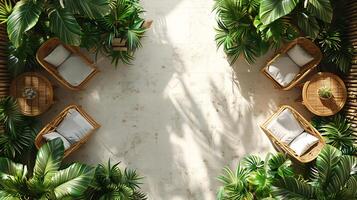 Top down view of tropical garden seating area with wooden chairs and a small coffee table surrounded by palm trees white isolated background photo