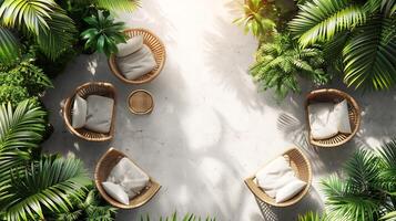 Top down view of tropical garden seating area with rattan furniture a small dining table and palm trees white isolated background photo
