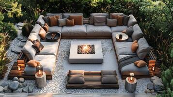 Top down view of spacious outdoor lounge area with comfy seating a fire pit and a small side table perfect for a family gathering white isolated background photo