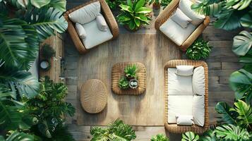 Top down view of relaxing patio with rattan furniture a small coffee table and potted plants surrounded by greenery white isolated background photo