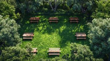 Top down view of park with folding lawn chairs and picnic tables set for an outdoor event white isolated background photo