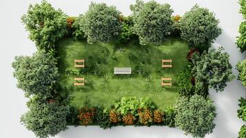 Top down view of relaxing park seating area with plastic chairs and a picnic table perfect for a summer day white isolated background photo