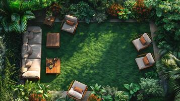 Top down view of relaxing outdoor seating area with wooden chairs and a coffee table on a lush green lawn perfect for summer white isolated background photo