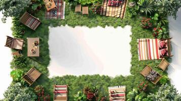 Top down view of park with lawn chairs tables and picnic blankets ideal for a summer day white isolated background photo
