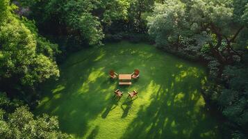 Top down view of park with folding chairs and a picnic table ideal for a family gathering white isolated background photo
