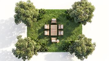 Top down view of park picnic area with folding chairs and a small table set for a relaxing afternoon white isolated background photo