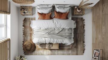 Top down view of modern bedroom with a double bed side tables and a rug cozy ambiance white isolated background photo