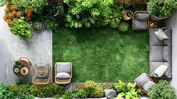 Top down view of modern outdoor garden seating area with lawn chairs table green grass and potted plants set on a white isolated background photo